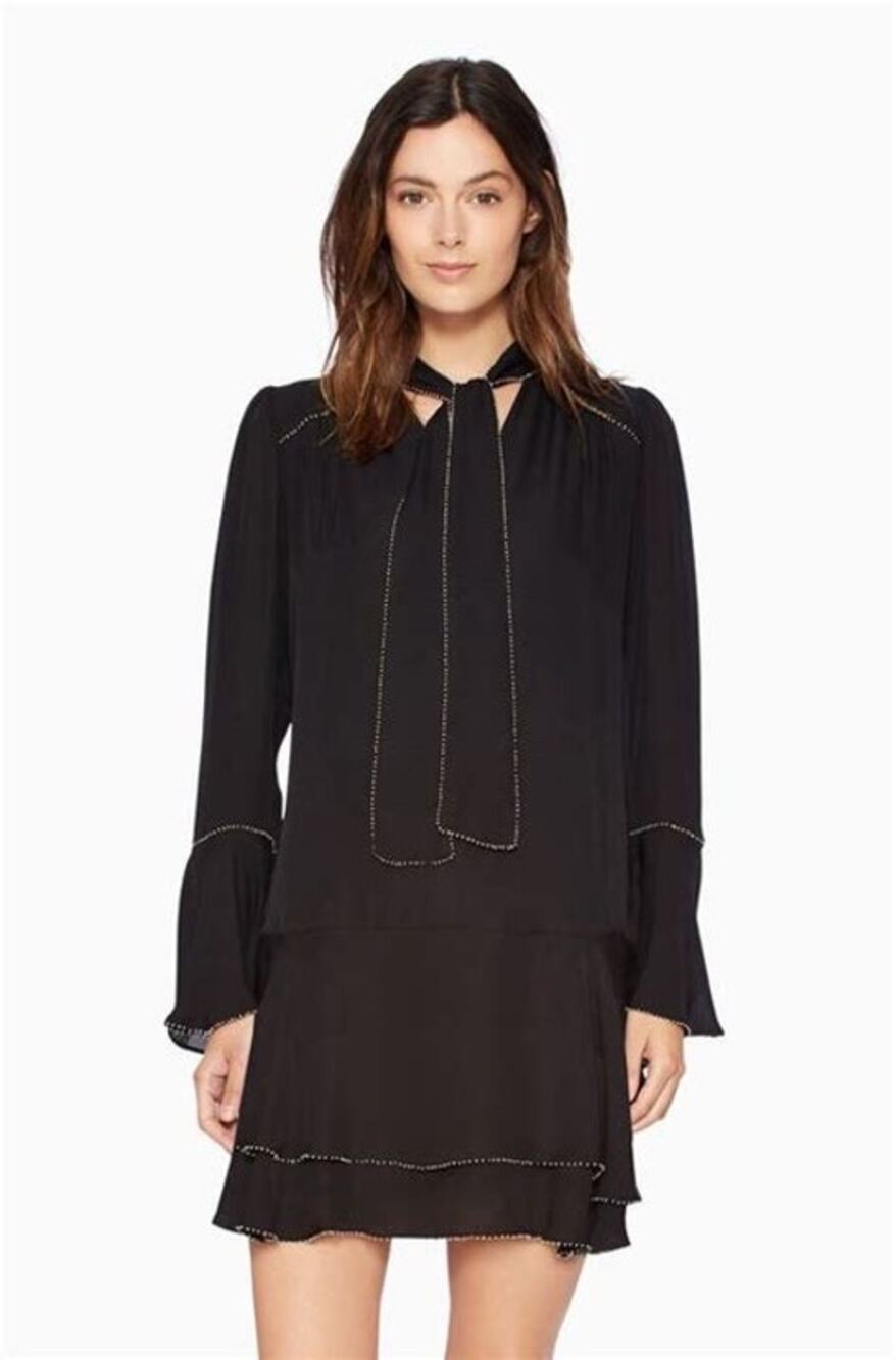 Parker Black Cathryn Silk Beaded Smocked Long Sleeve Tie Neck Mini Dress Size M